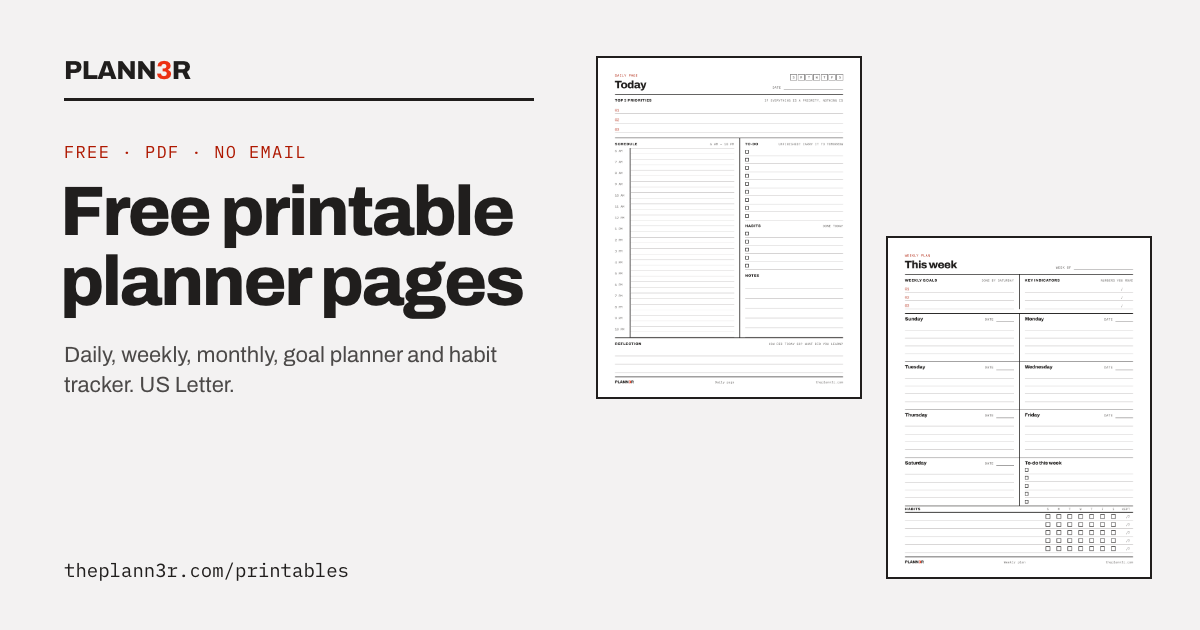 Reflection Lettering White Paper Free Printable Planner Pages (PDF): Daily, Weekly, Monthly | PLANN3R