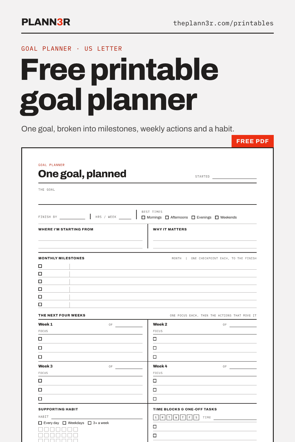 Free printable goal planner: one goal with a finish date, monthly milestones, a focus and actions for each of the next four weeks, a supporting habit and time blocks