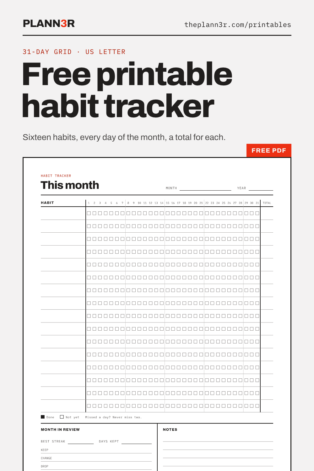 Free printable monthly habit tracker with sixteen habit rows, a square for each of 31 days, a total column and a month-in-review section